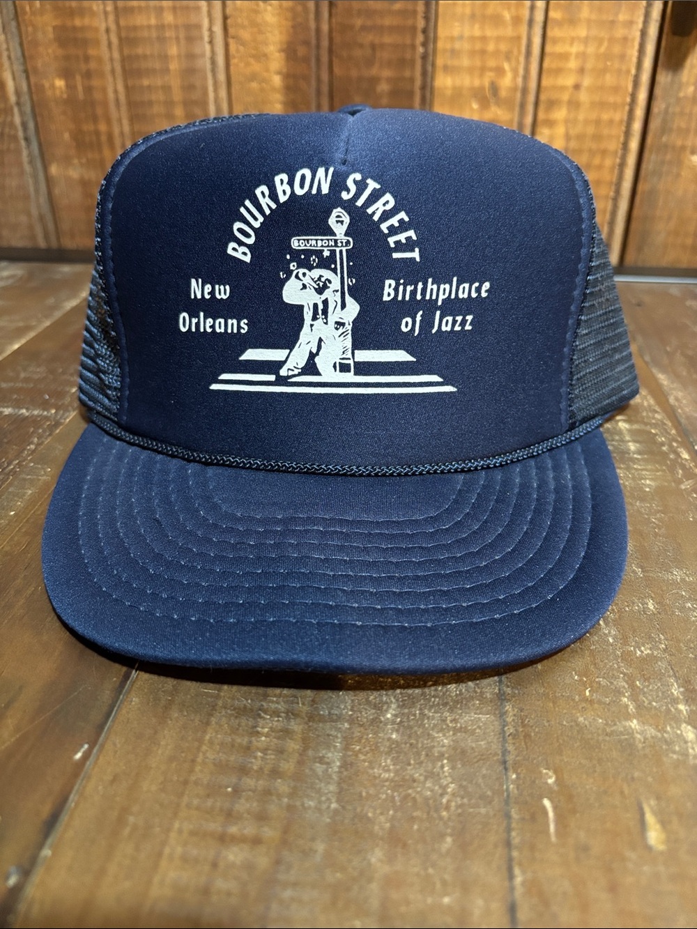 Vintage Bourbon Street Navy Trucker Hat - New Orleans Birthplace of Jazz
